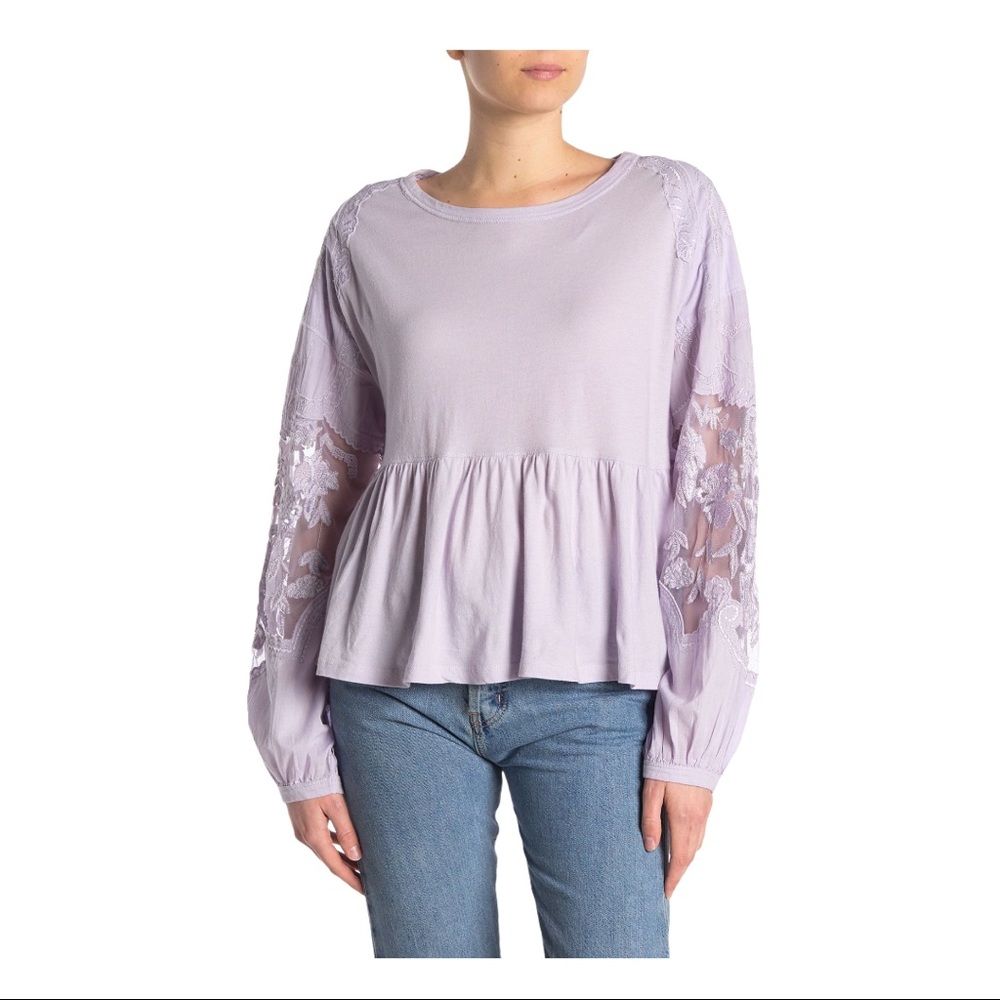 Free People Embroidered Purple Penny Top